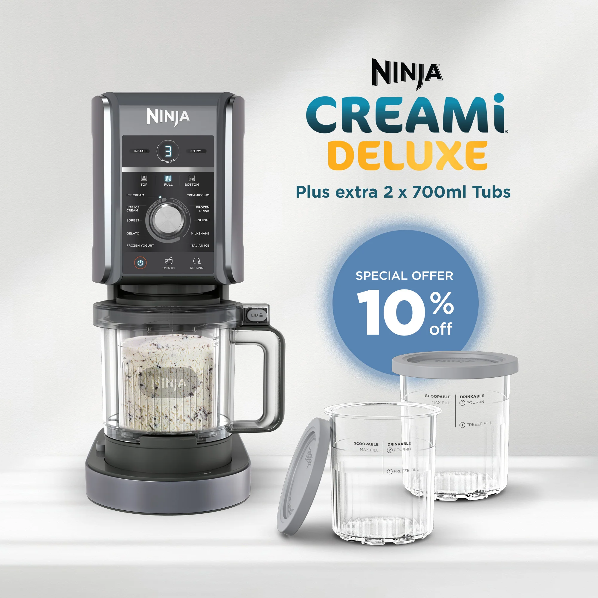 Ninja CREAMi Deluxe 11-in-1 Ice Cream and Frozen Treat Make Plus Extra 2 x 700ml Tubs